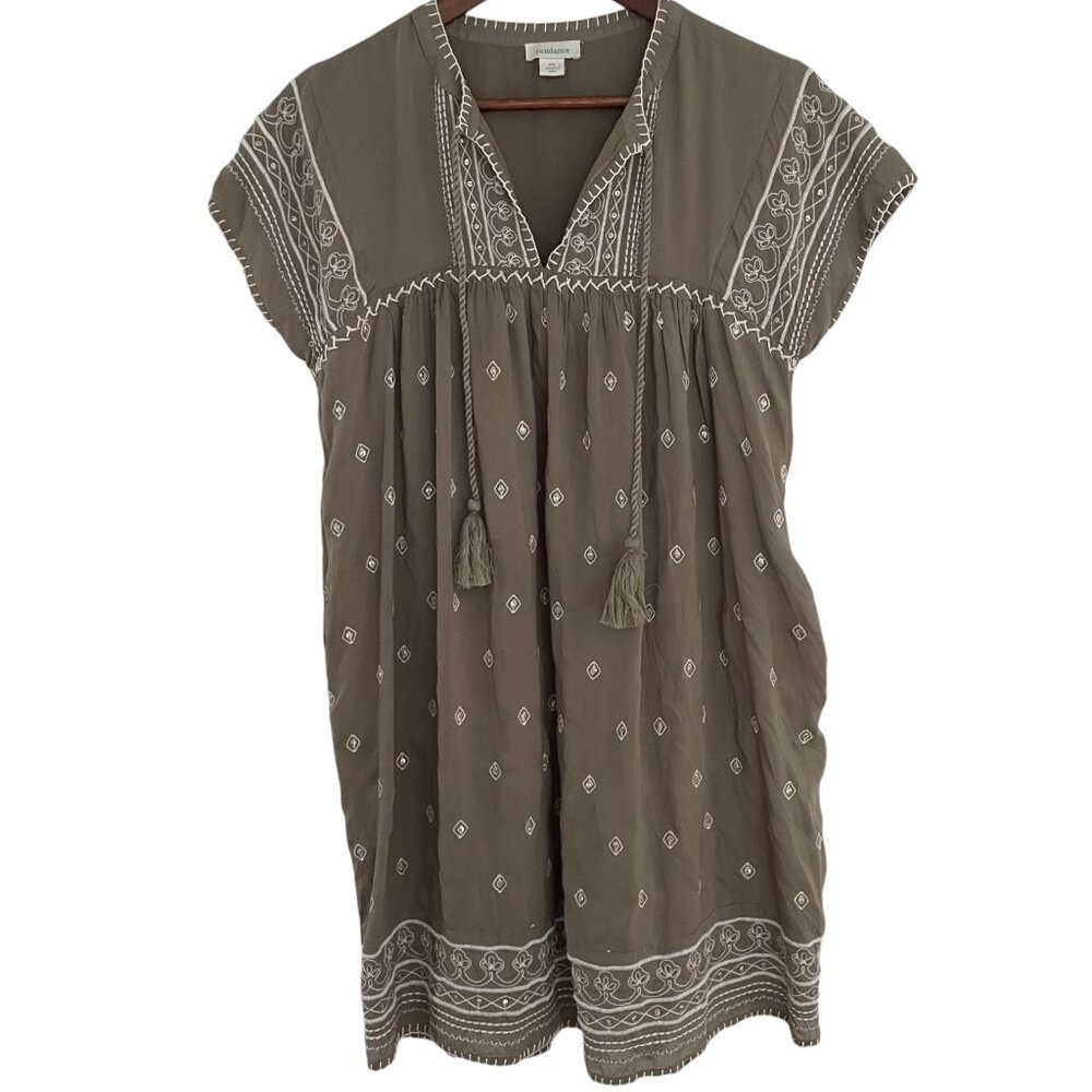 Sundance Catalog Aura Tunic Shift Dress PS Petite Small Olive Green Embroidered